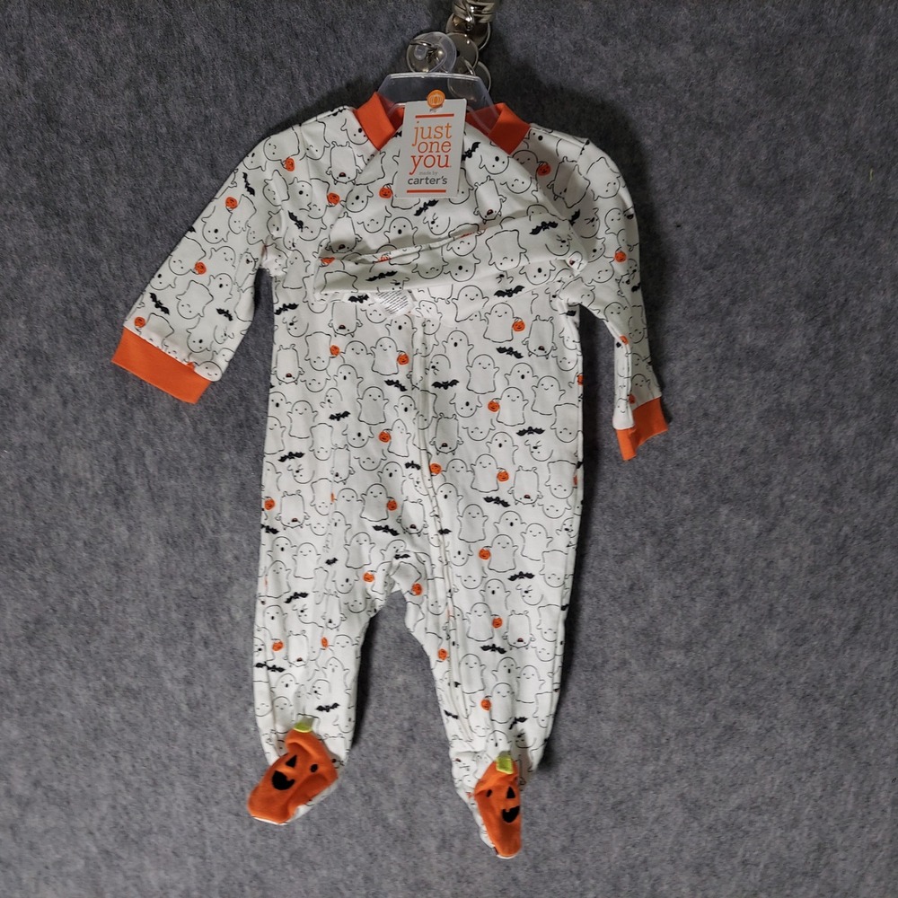 Just One You Baby Cotton Footed Sleeper 3M White Halloween Ghost Pumpkin Spooky